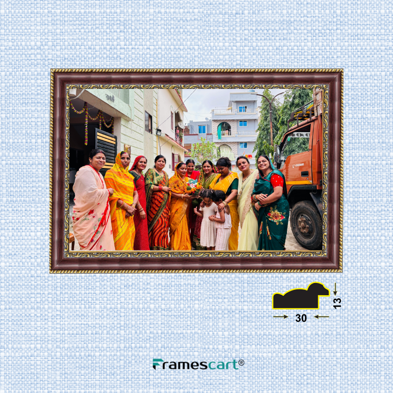Framed photograph of a group of women on a light blue textured background with 'Framescart' branding.