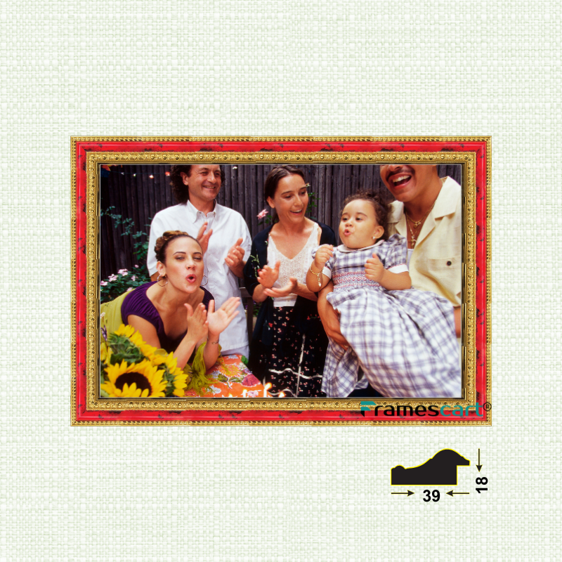 Framed family photo with decorative border on a textured white background