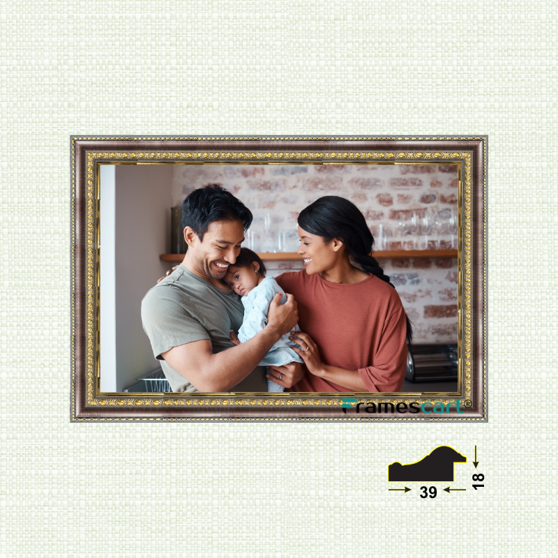 Framed family photo with dimensions on a textured white background