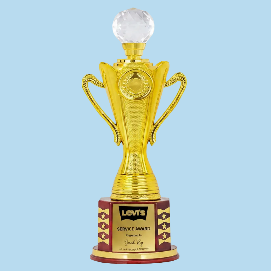 Gold trophy with a red base and 'Levine' branding on a white background