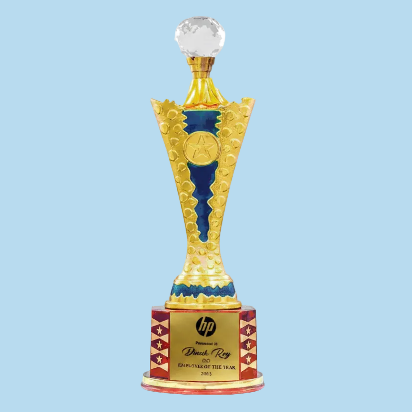 Decorative trophy with colorful design and HP branding