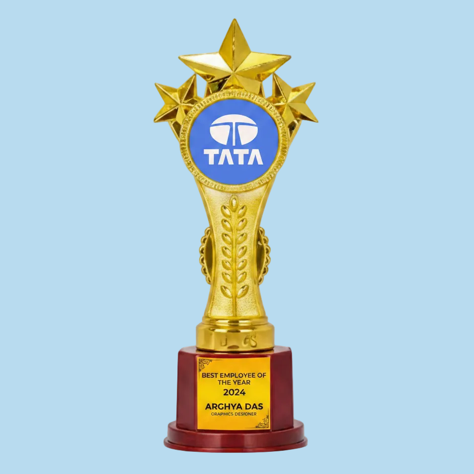 Gold trophy with Tata logo and 'Best Employee of the Year 2024' text on a red base