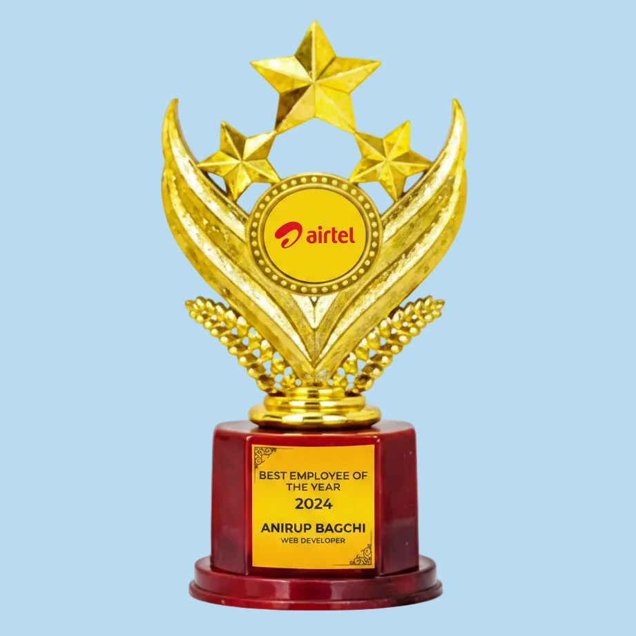 Gold trophy with three stars and 'airtel' logo on a red base, featuring text 'Best Employee of the Year 2024' and 'Anirup Bagchi'.