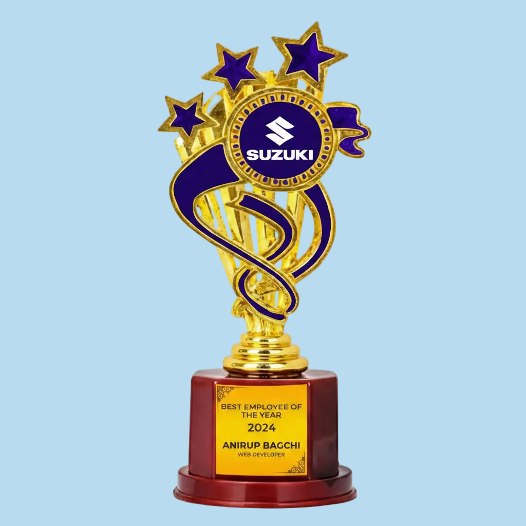 Trophy with Suzuki logo and 'Best Employee of the Year 2024' text on a red base
