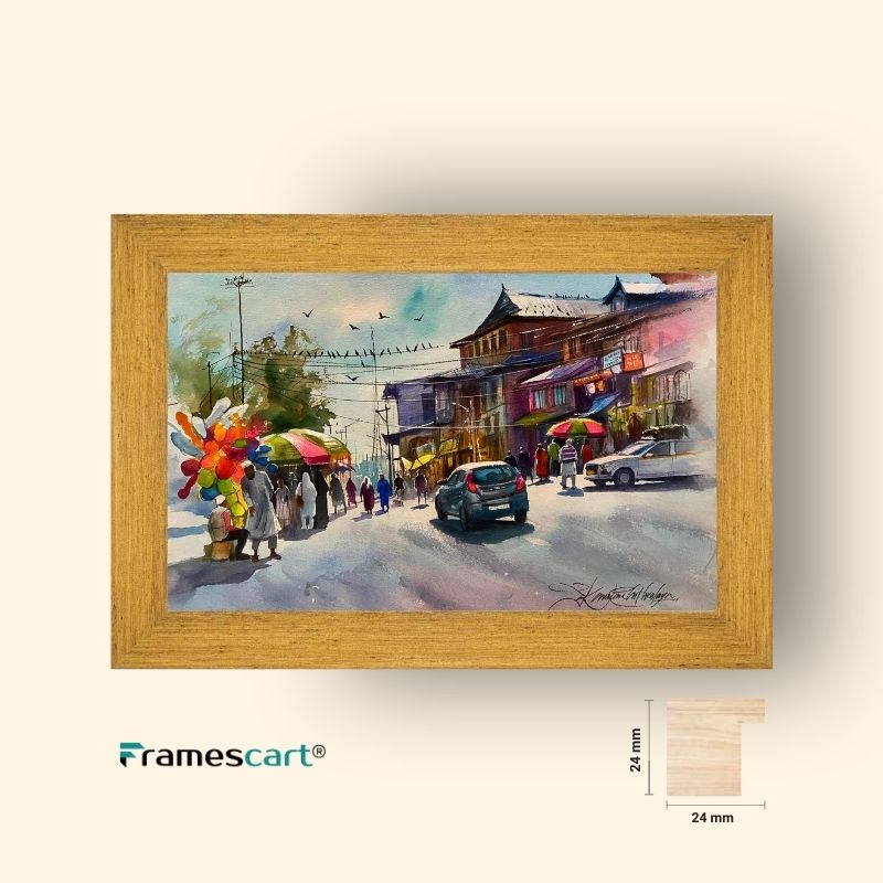 Framed painting of a street scene with people and colorful umbrellas, displayed on a white background.