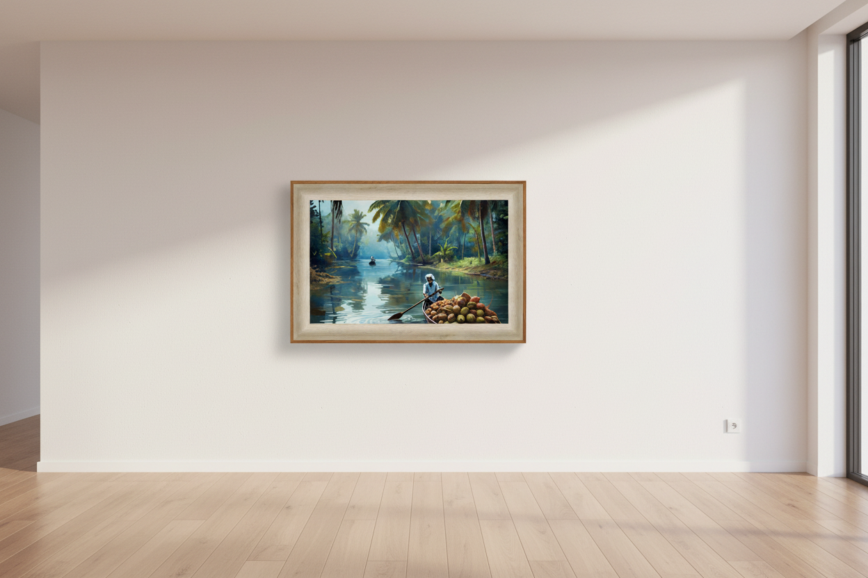Framed painting of a landscape with a person by a lake on a white wall.