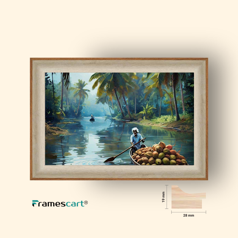 Framed painting of a man rowing a boat with coconuts on a river surrounded by trees.