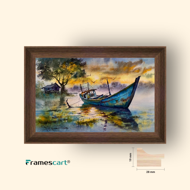 Framed painting of a boat on water with a sunset, displayed on a wall.