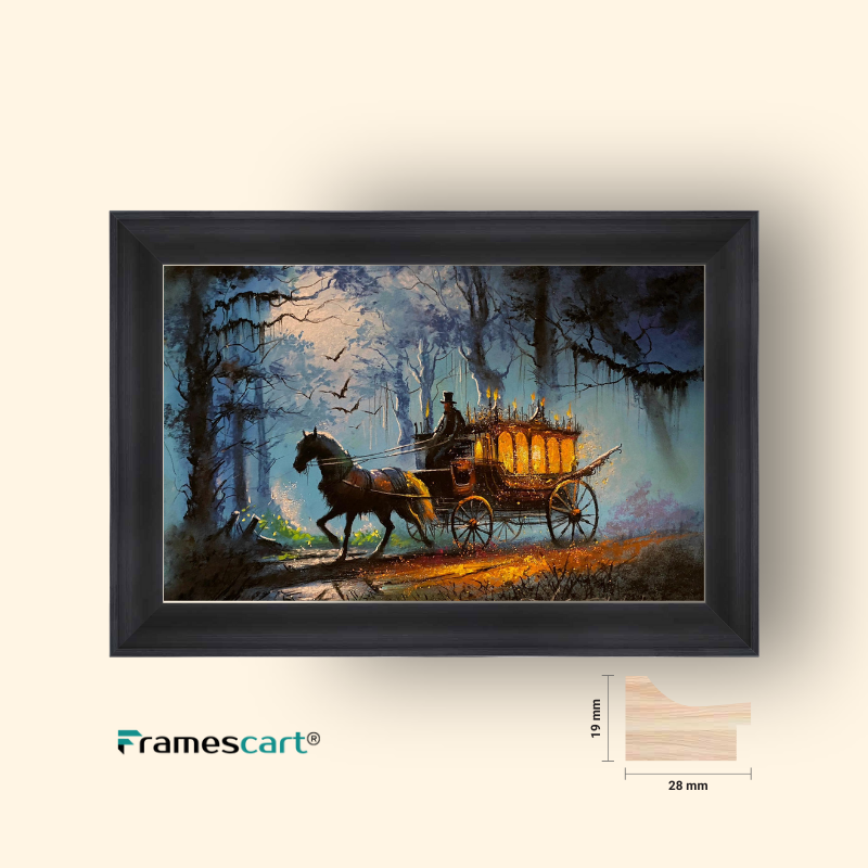 Framed artwork of a horse-drawn carriage in a forest with 'Framescart' branding.