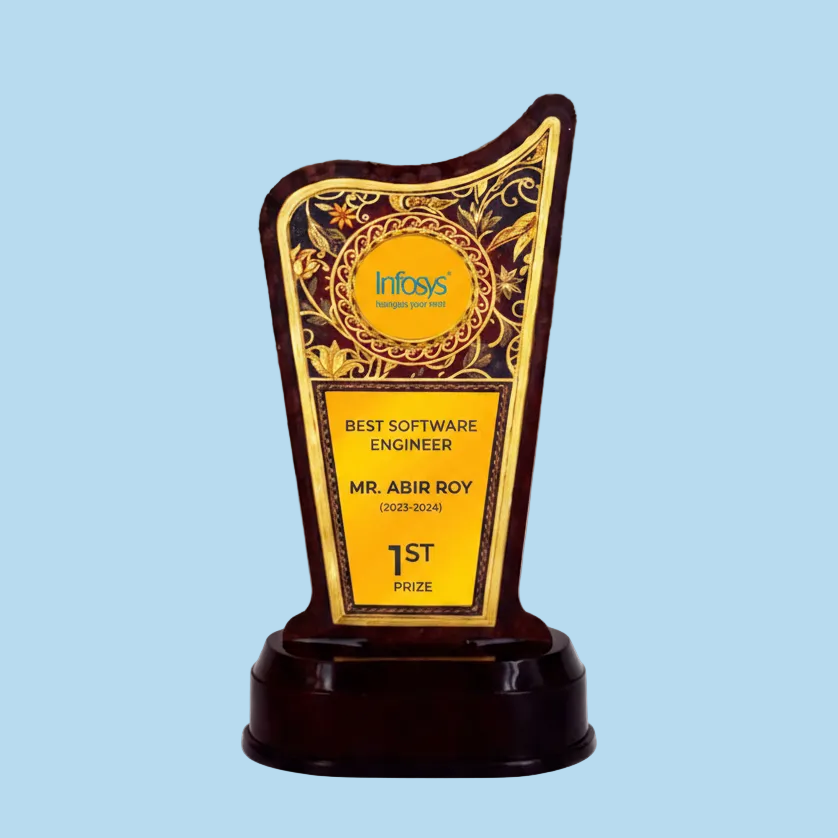 Awards trophy for 'Best Software Engineer' with 'Infosys' branding on a white background