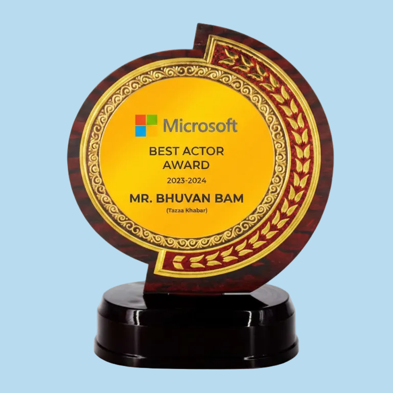 Microsoft Best Actor Award for Mr. Bhuvan Bam on a wooden base with Microsoft logo.