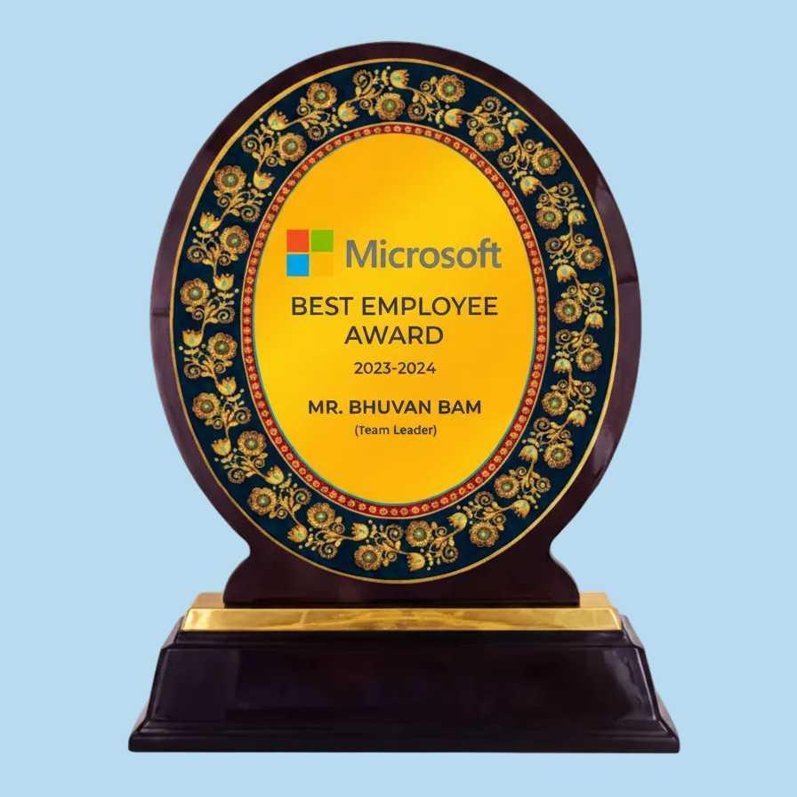 Microsoft Best Employee Award for Mr. Bhuvan Bam on a decorative plaque with gold accents.