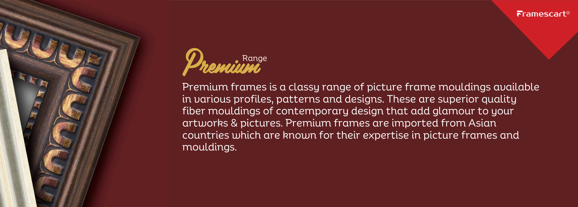 Advertisement for premium picture frame moldings with a decorative frame on a red background.